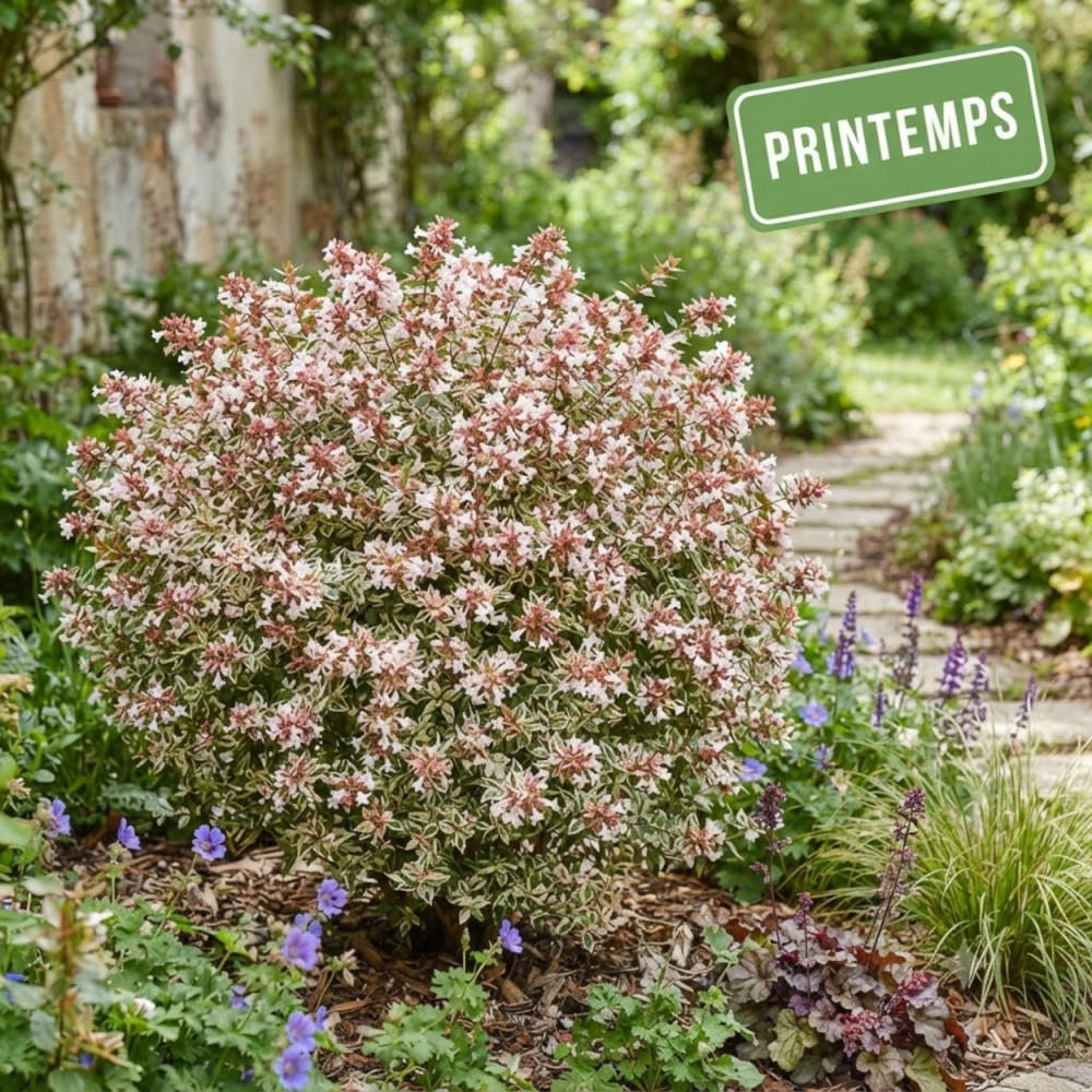 Abelia Psychedelik® 'Minabtc16', Abélia à grandes fleurs au printemps