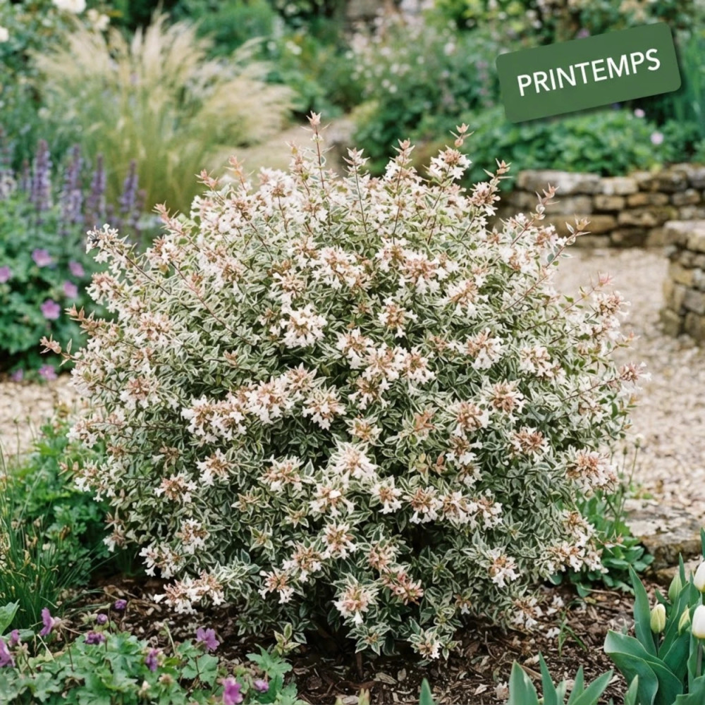 Abelia Sparkling Silver, Abélia panachée au printemps