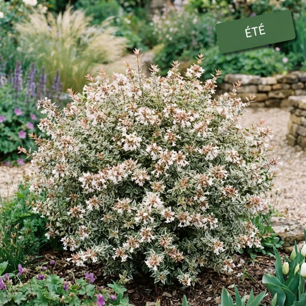 Abelia Sparkling Silver, Abélia panachée en été