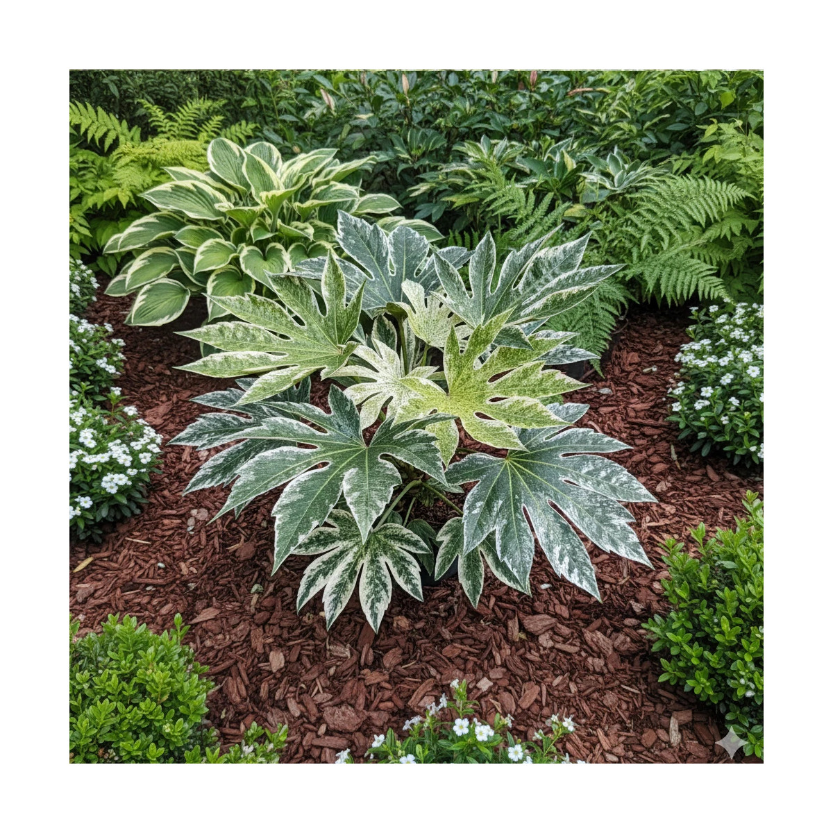 Fatsia Spider's Web cultivé en pot pour une terrasse ombragée
