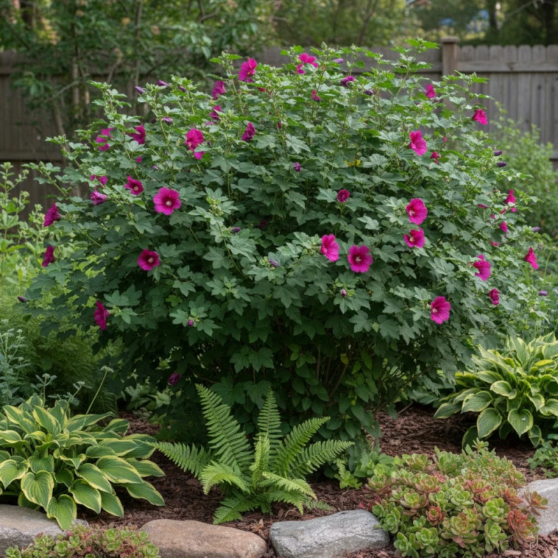 Floraison abondante de l'Anisodontea Large Magenta en plein été