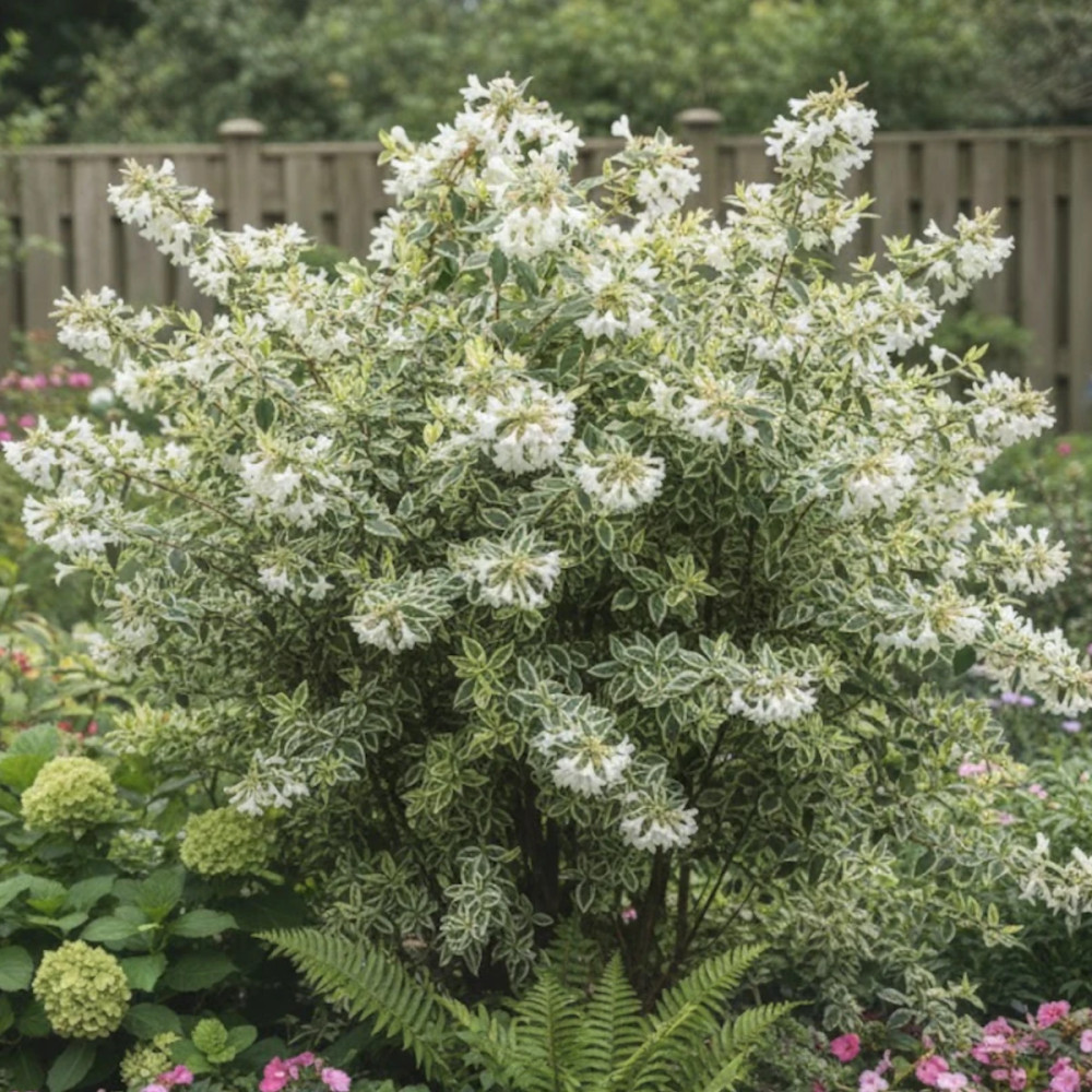 Gros plan sur les feuilles marginées de blanc de l'Abelia Sparkling Silver