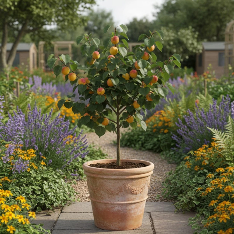 Abricotier nain Petit' Abri® cultivé en pot sur une terrasse ensoleillée.
