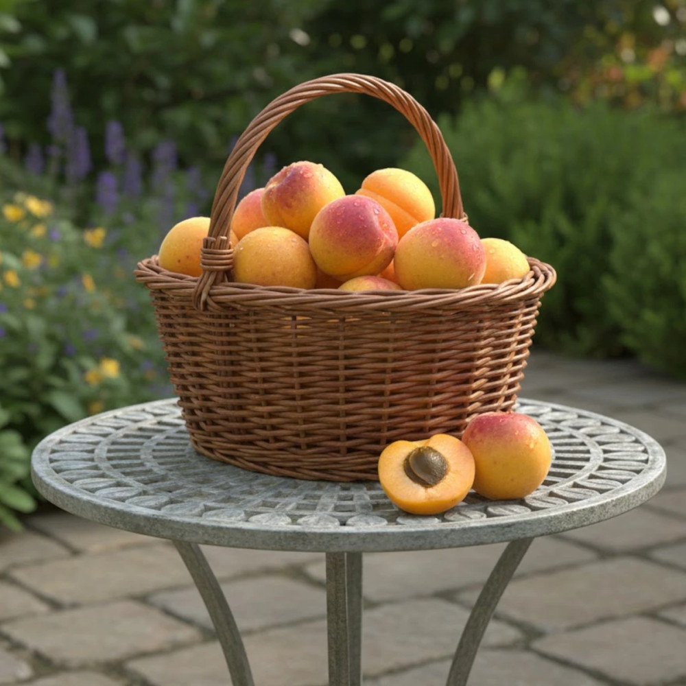 Gros plan sur les abricots mûrs de l'Abricotier nain Petit' Abri® prêt pour la récolte.