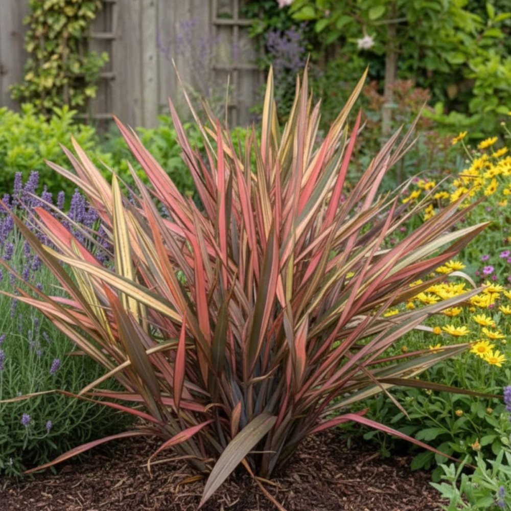 Phormium Rainbow Sunrise : Lin de N.Z. au feuillage rose & bronze