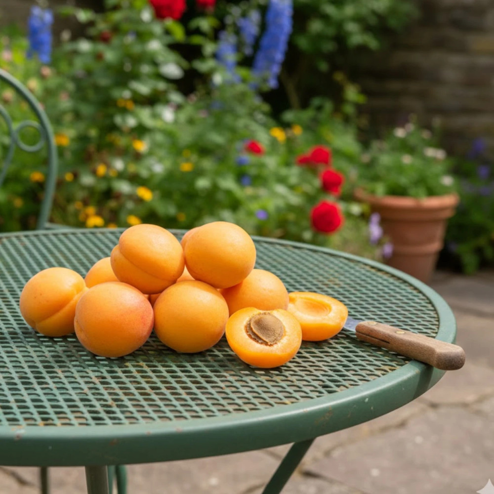 Fruit de l'Abricotier Précoce de Saumur coupé en deux révélant une chair ferme et sucrée.