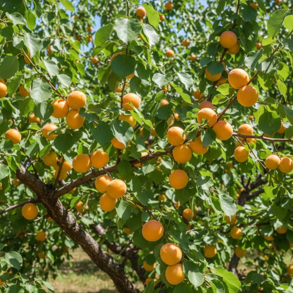 Rameau de l'Abricotier Précoce de Saumur avec des fruits arrivant à maturité sous le soleil.