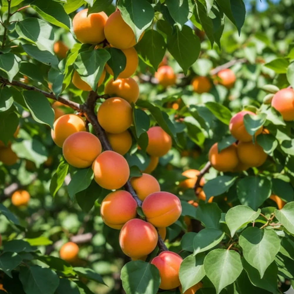 Abricots Luizet mûrs à point sur une branche d'arbre fruitier