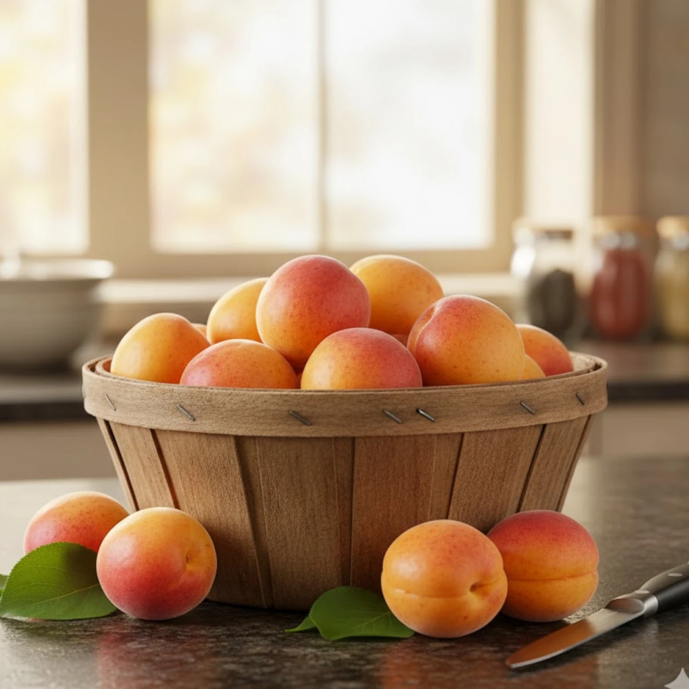Panier d'abricots Rouge Tardif Delbard fraîchement cueillis au jardin