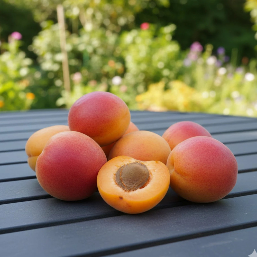 Chair ferme et sucrée d'un abricot Tardif de Bordaneil coupé en deux Chair ferme et sucrée d'un abricot Tardif de Bordaneil coupé en deux