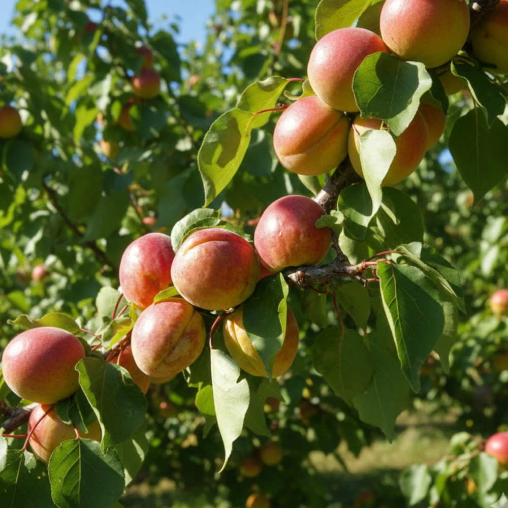 Abricots Tardif de Bordaneil mûrs sur une branche en fin d'été Abricots Tardif de Bordaneil mûrs sur une branche en fin d'été