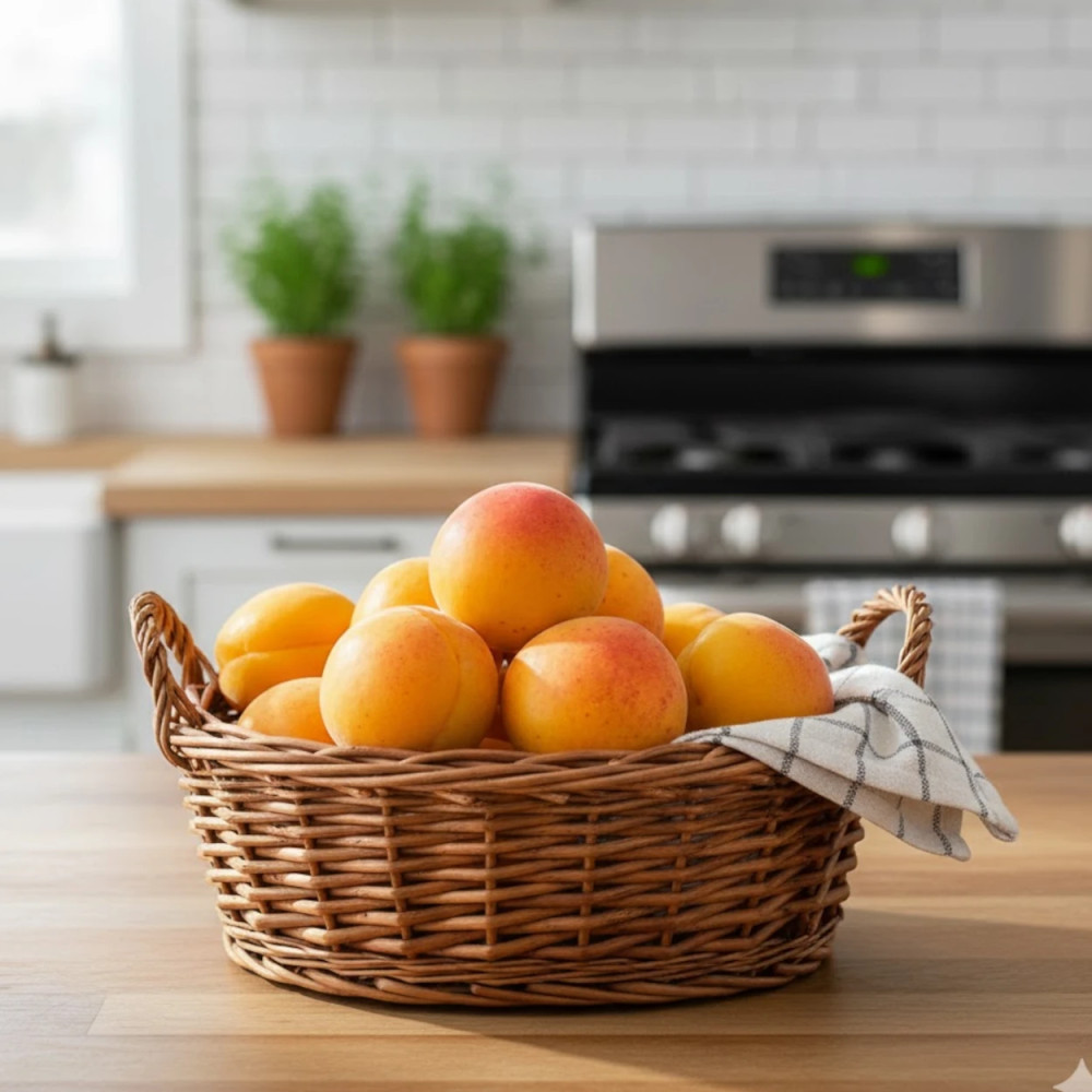 Gros plan sur un abricot Tardif de Tain à la peau rouge orangé mouchetée