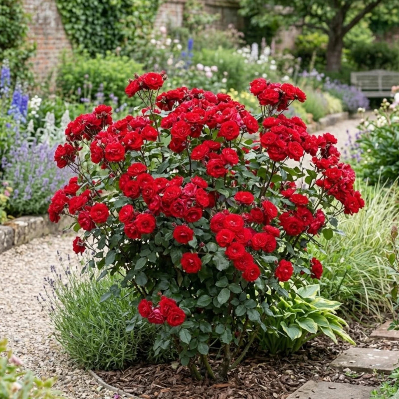 Rosier Boules Rouges Rosier Europeana : Rosier à fleurs groupées rouge éclatant