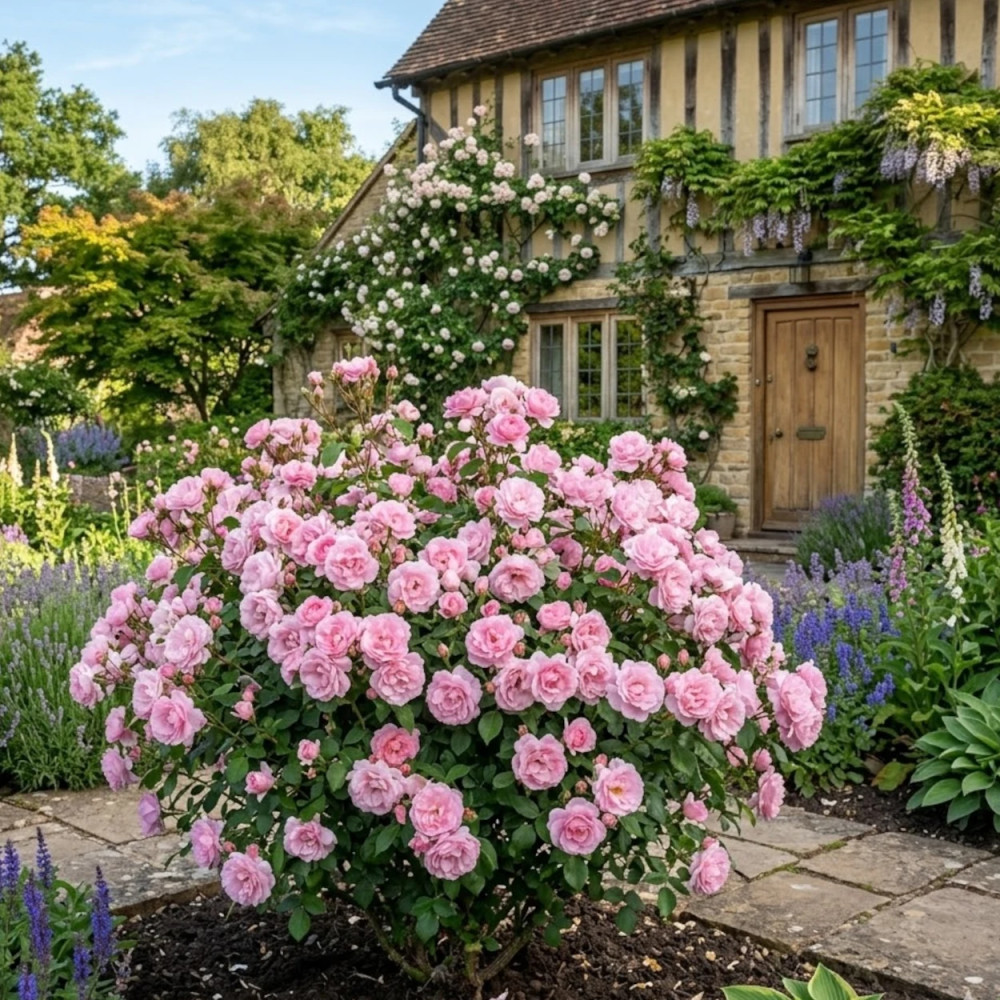 Rosier à fleurs groupées Bordure Rose® 'Delcoussi'