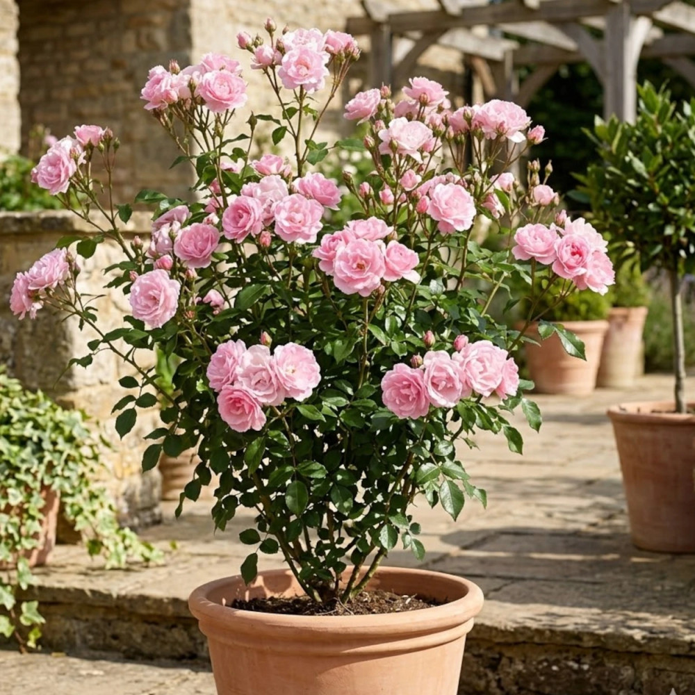 Rosier à fleurs groupées Bordure Rose® 'Delcoussi'